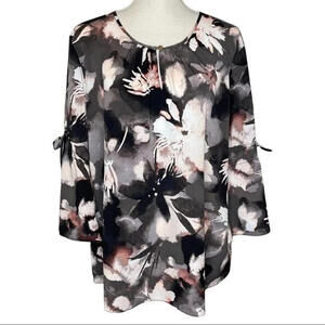 Ellen Tracy Floral Top Women' 3X Sheer Chiffon Top 3/4 Bell Sleeve Keyhole Neck